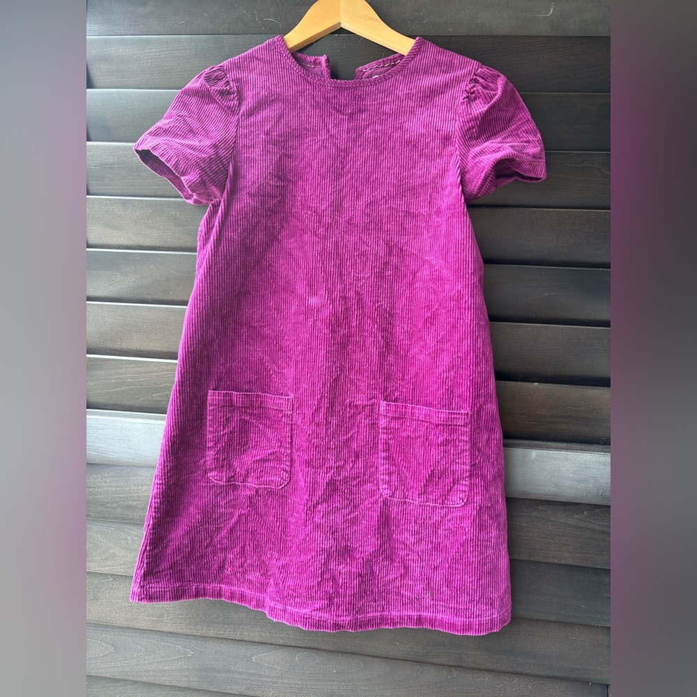 Mini Boden Girls Purple Cordoroy Dress SZ 11/12 Cotton Short Sleeve Pockets
